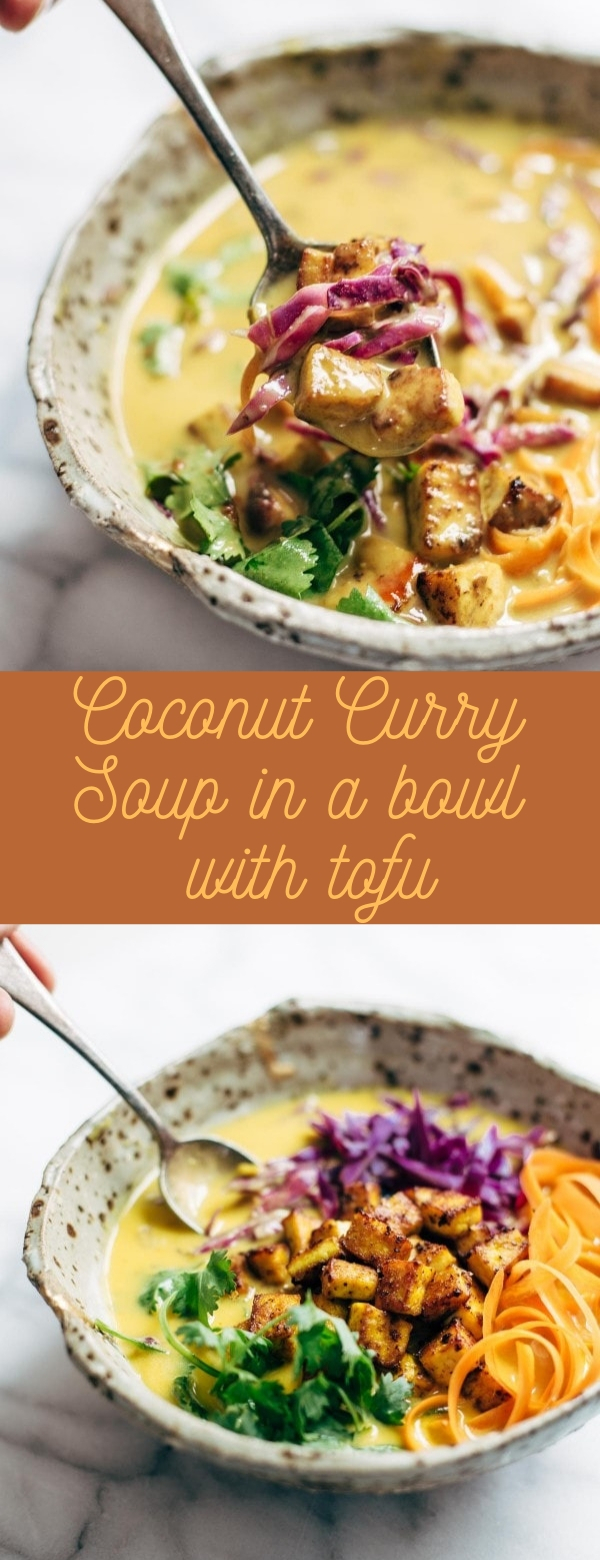 Coconut Curry Soup in a bowl with tofu Kite's Recipes