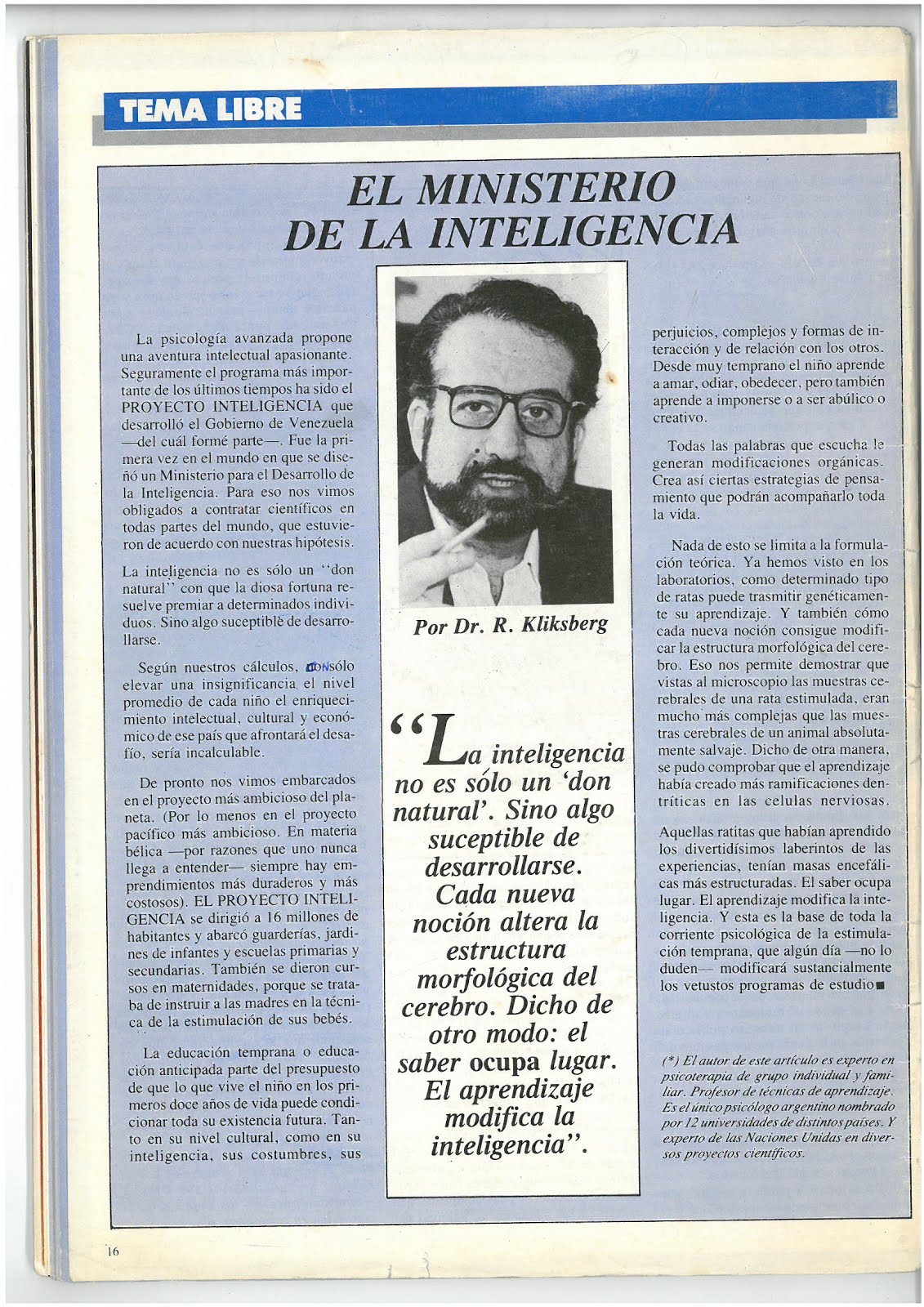 32 - Revista Cambiemos, Argentina, 6/1987. Artículo de Naum Kliksberg.