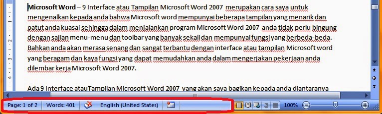 pengertian status bar microsoft word 2007
