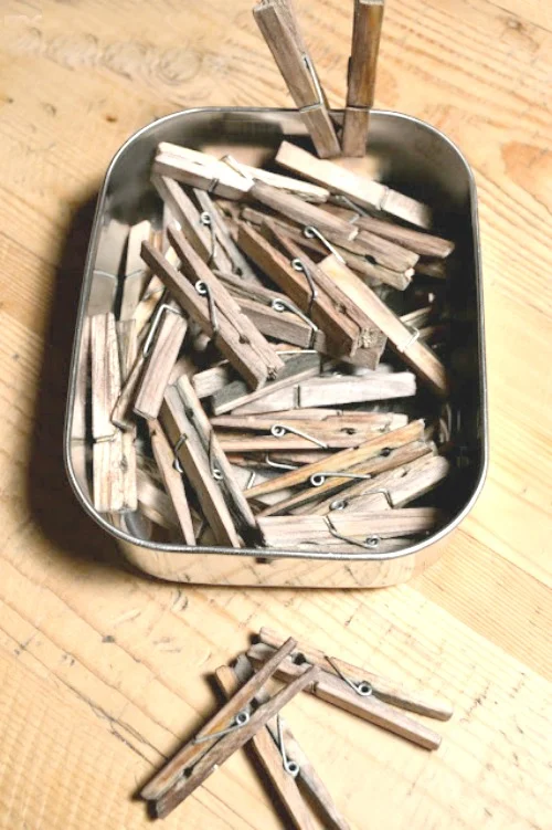 Pile of clothespins and container of aged clothespins