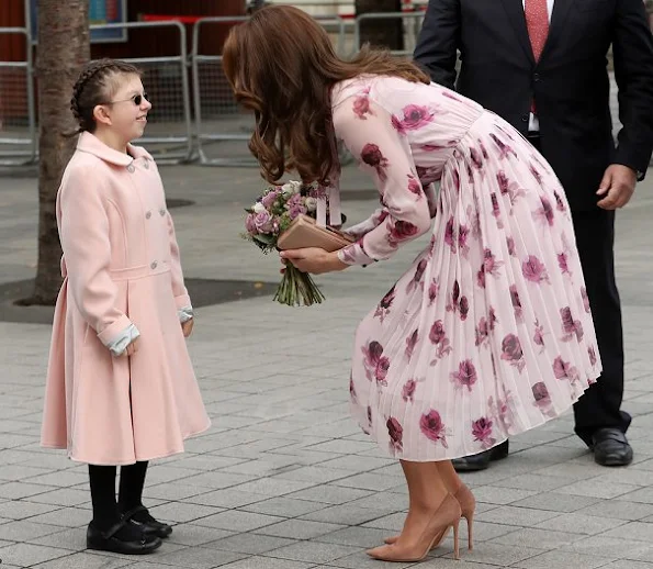 Kate Middleton wore Kate Spade New York Encore Rose Chiffon Dress, Kiki McDonough Morganite Earrings, GIANVITO ROSSI Suede Pumps, LK BENNETT Nina Clutch