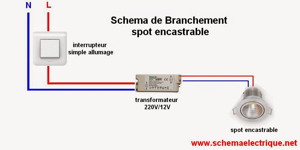 schema branchement cablage installation spot encastrable led