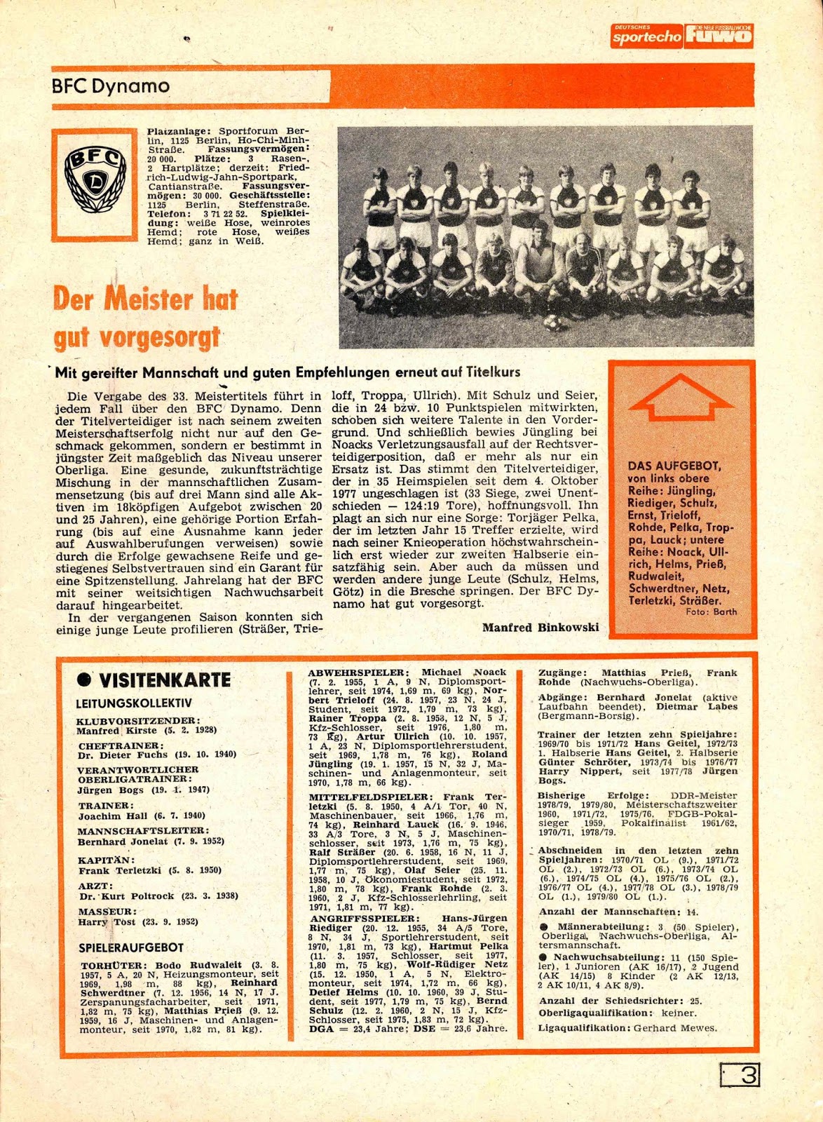 DDR OBERLIGA 198081. Les équipes du championnat.