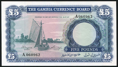 British banknotes African  Gambia Currency Board five pounds note