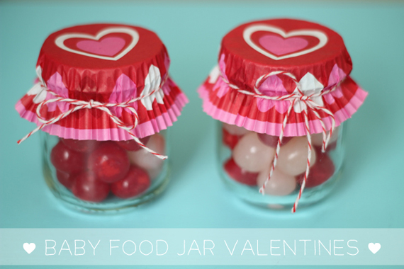 Valentines candy (red and white) in baby food jars with cupcake liners for lids