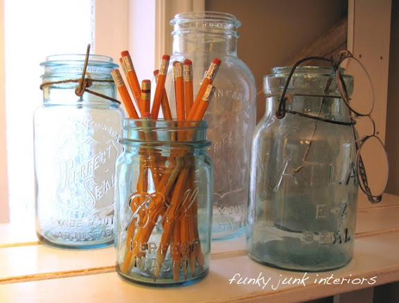 Mason jars in home office via Funky Junk Interiors Mason jars in home office via Funky Junk Interiors