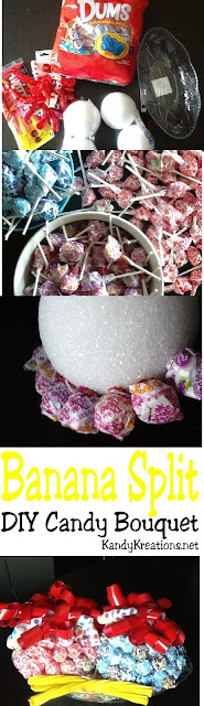 Surprise someone with this Banana Split DIY Candy Bouquet as a birthday gift or as a centerpiece at Ice Cream party this summer.  It's an easy diy project and so much fun to eat and enjoy using simple ingredients like Dum Dum candy suckers, Styrofoam balls, ribbon bows, Twizzler candies, and an ice cream candy dish. 