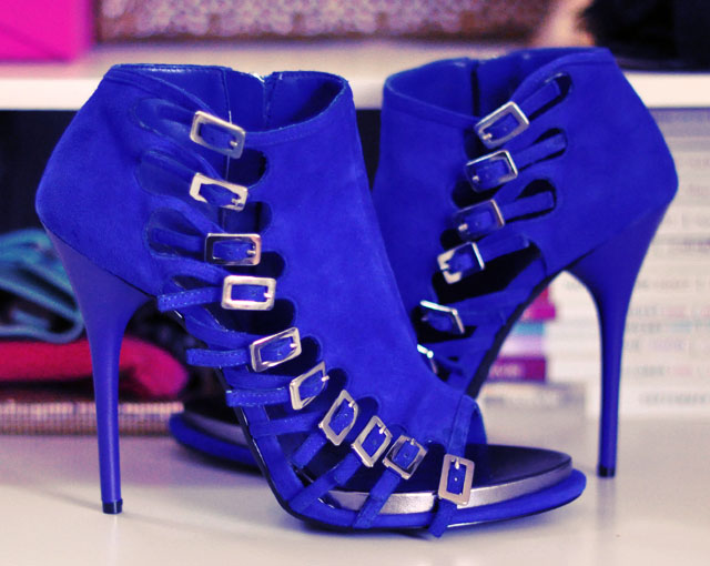blue suede shoes, peep toe buckled ankle boots