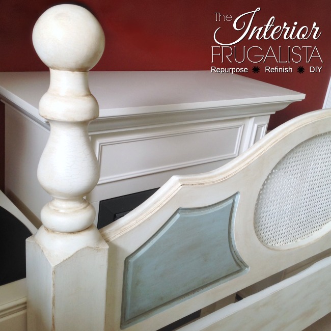 Newel post headboard details painted a blue/green Elegance paint color then aged with brown antiquing wax.