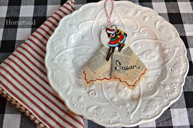 Holiday place settings with a Rudolph tag