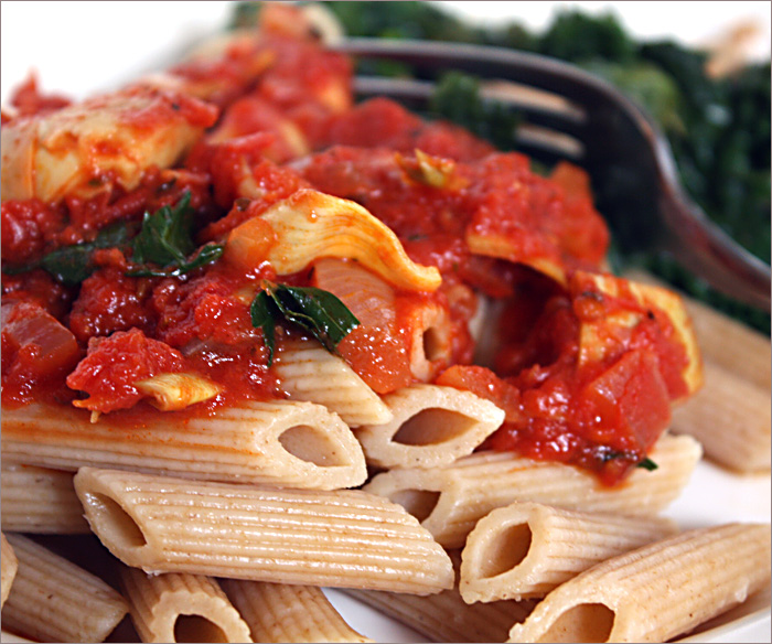 Andrea's Easy Vegan Cooking Pasta with tomatoes and artichoke hearts