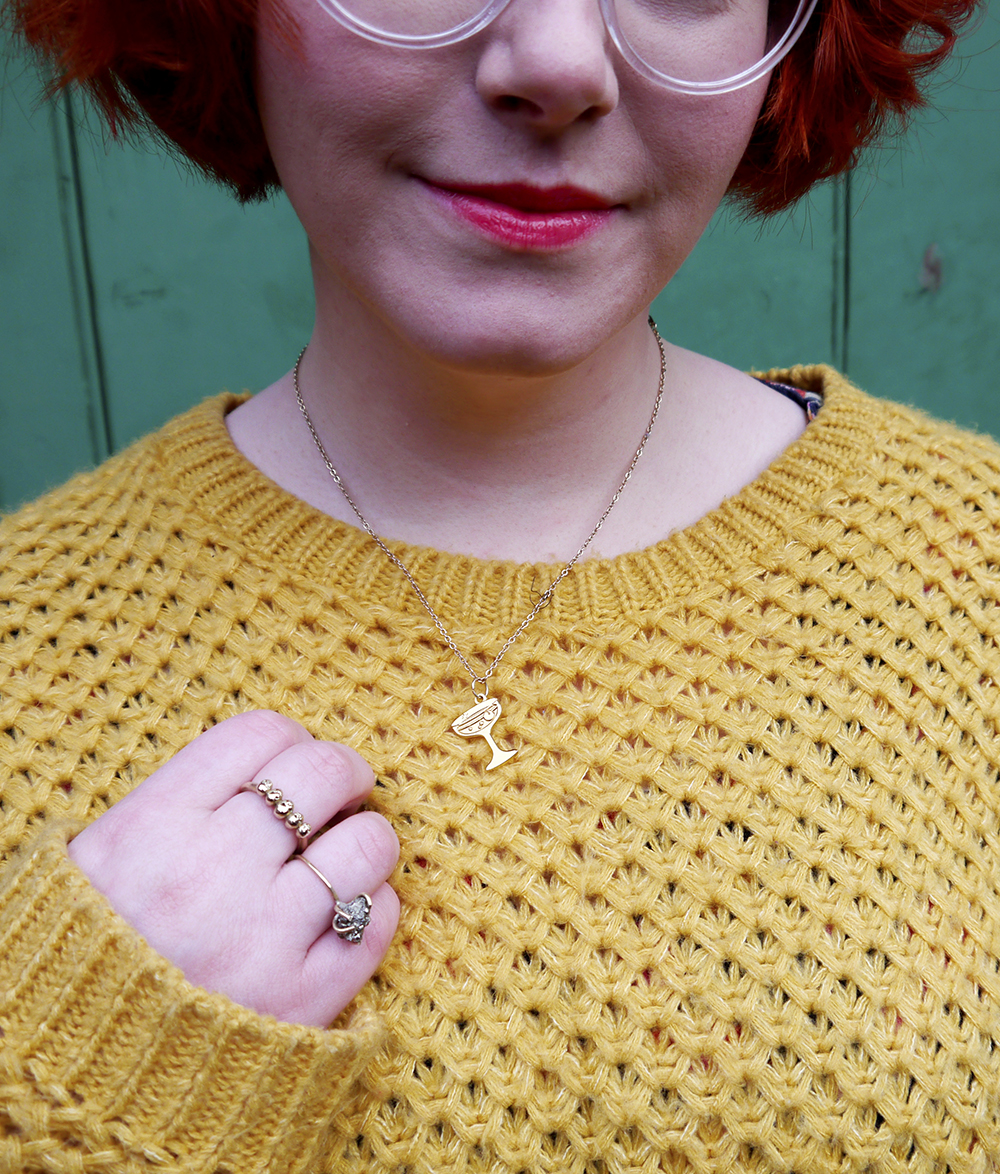 Vintage style, vintage floral dress. vintage kilo sale, mustard chunky knit jumper, cody style, comfy outfit, brown zara boots, The Lucky Dip Club charm necklace, Scottish Blogger, red head, ginger bob, Iolla clear glasses, datter industries skull ring, Jerome dauphin fools gold ring