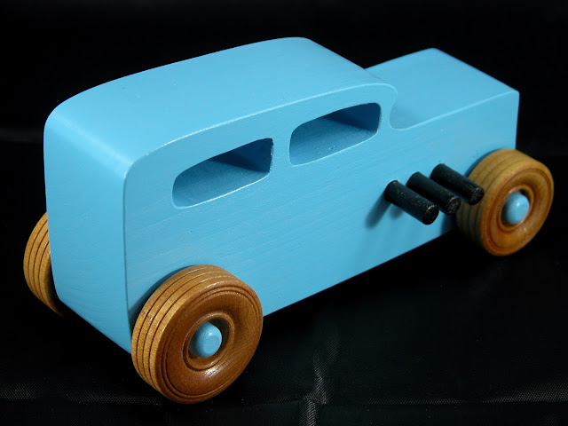 20171023-180144 - Wooden Toy Car - Hotrod Freaky Ford - Pine - Blue - Shellac Wheels- Custom Order