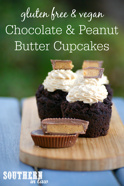 Vegan Chocolate and Peanut Butter Cupcakes - healthy, low fat, gluten free, peanut butter frosting, egg free, dairy free, peanut butter cup cupcakes, healthy birthday cakes