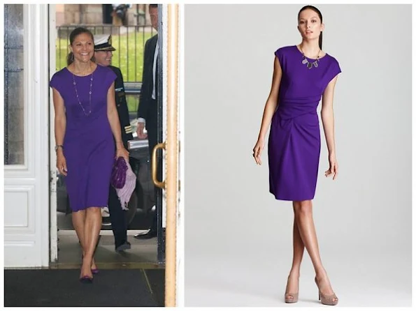 Crown Princess Victoria of Sweden wears Escada Purple cap sleeve silk Dress. Style of Crown princess Victoria
