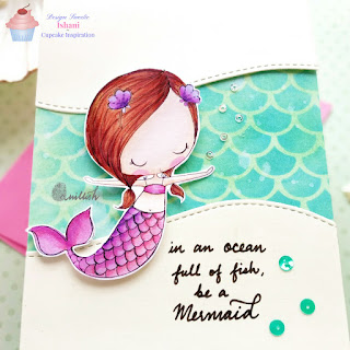 All dressed up stamps - Mermaid kisses card, Mermaid card, Digital stamp, Copic markers, CIC, Quillish, die cutting, cards by Ishani