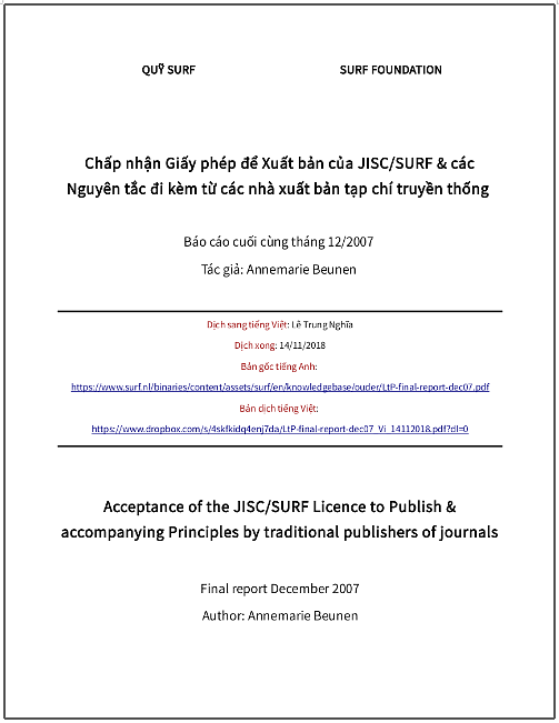 ‘Chấp nhận Giấy phép để Xuất bản của JISC/SURF & các Nguyên tắc đi kèm từ các nhà xuất bản tạp chí truyền thống’ - bản dịch sang tiếng Việt