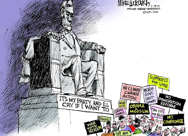 Lincoln statue from the Lincoln Memorial surrounded by mob of contemporary Republcains carrying signs such as 