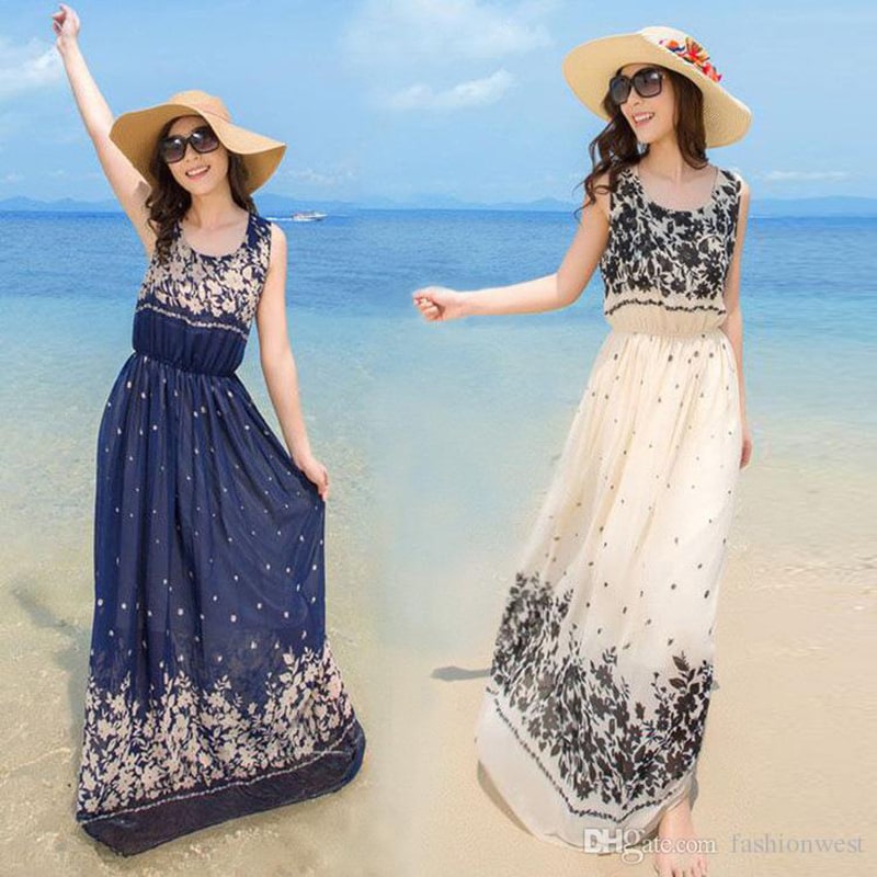 Sleeveless Dress Summer Style Floral Print Maxi Dresses Women Beach Club Casual Loose Chiffon Sleeveless O Neck Long Elegant Bohemia Dress