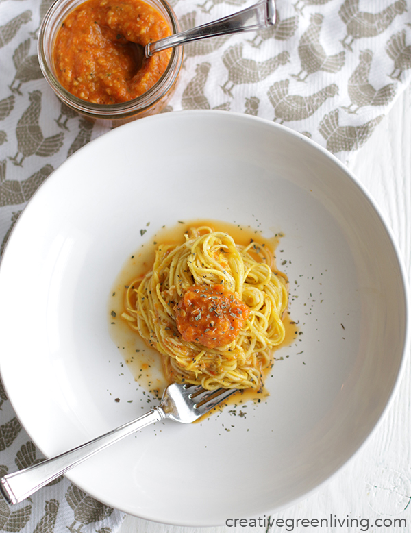 Red Pepper Pesto with Squash Noodles (Whole 30 and Gluten Free