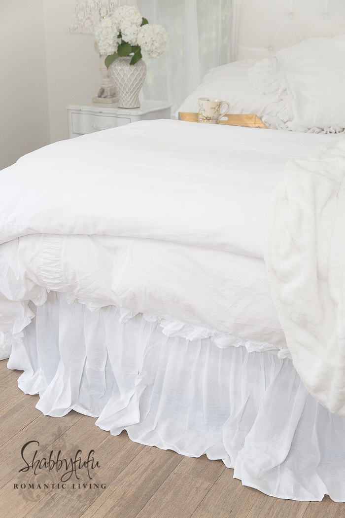 Beautiful Linen Bedskirt and White Nightstands Shabbyfufu