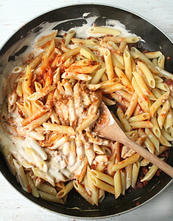 Creamy Alfredo Chorizo Pasta Skillet Meal from Table for Seven