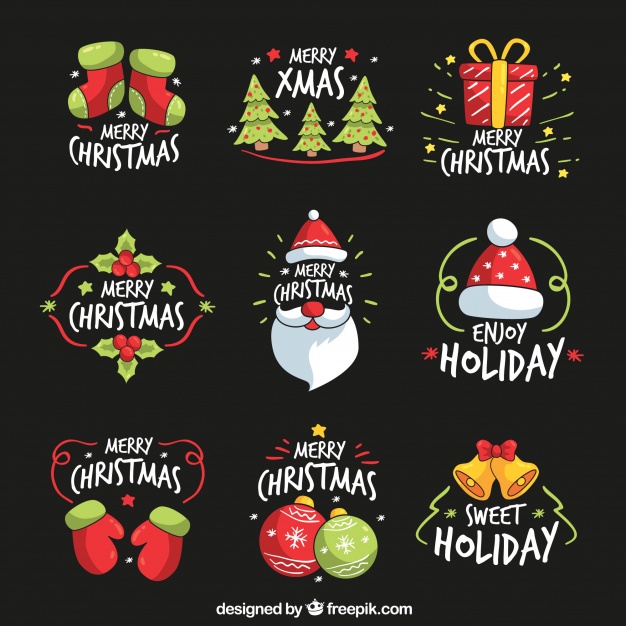 Collection of hand drawn christmas stickers Free Vector