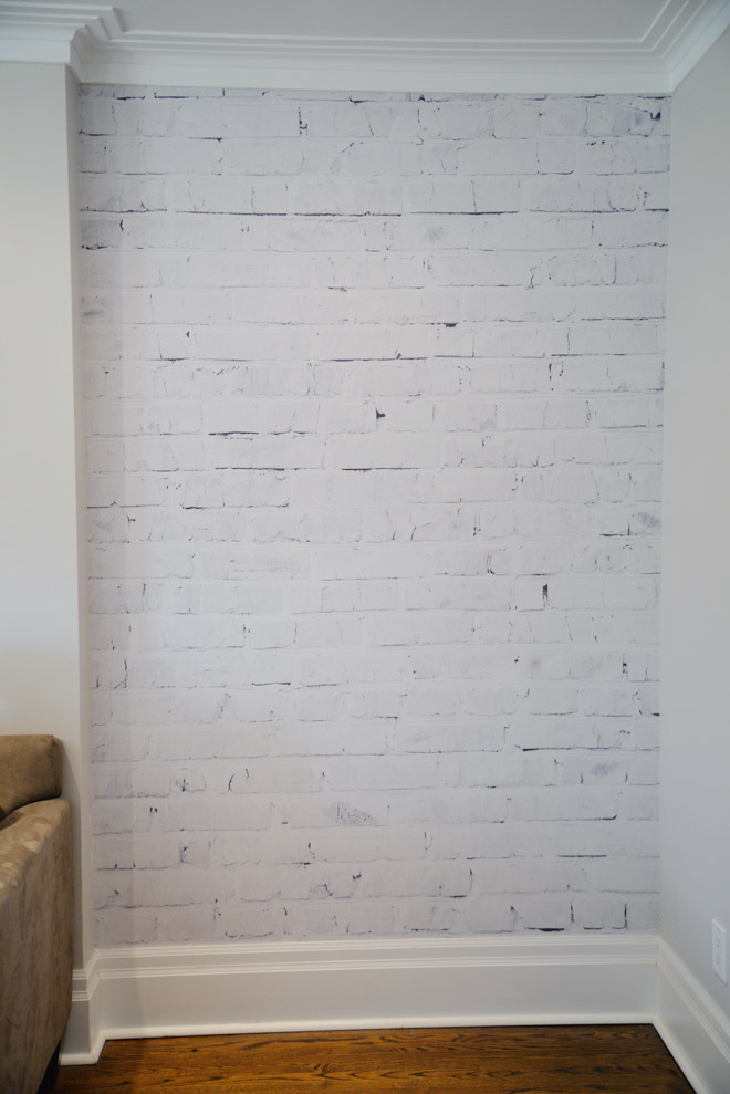 installing removable wallpaper | whitewashed brick | Ramblingrenovators.ca
