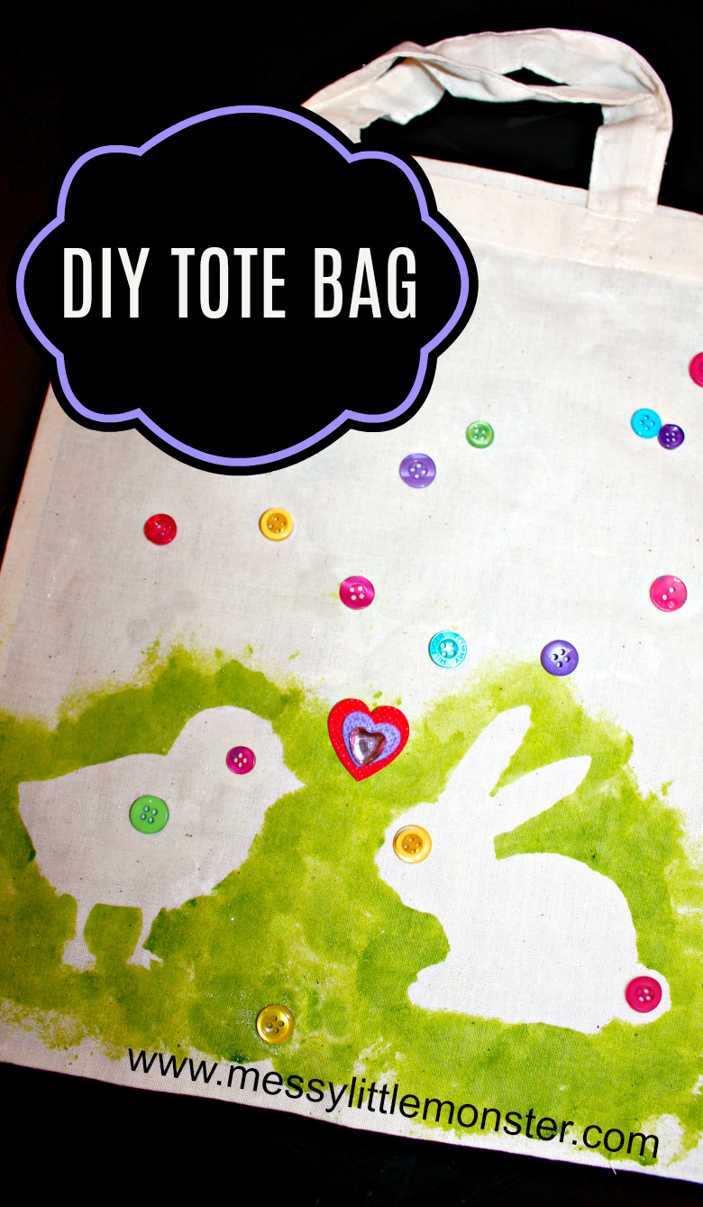 This easy DIY Easter tote bag kids craft features a bunny and chick design which make it a perfect Easter or Spring craft for kids. The simple painting technique used to decorate the bags makes it a fun activity for toddlers and preschoolers. Use the canvas bag as an 'Easter basket' and fill it with treats or give it as a homemade gift for Mothers day.  