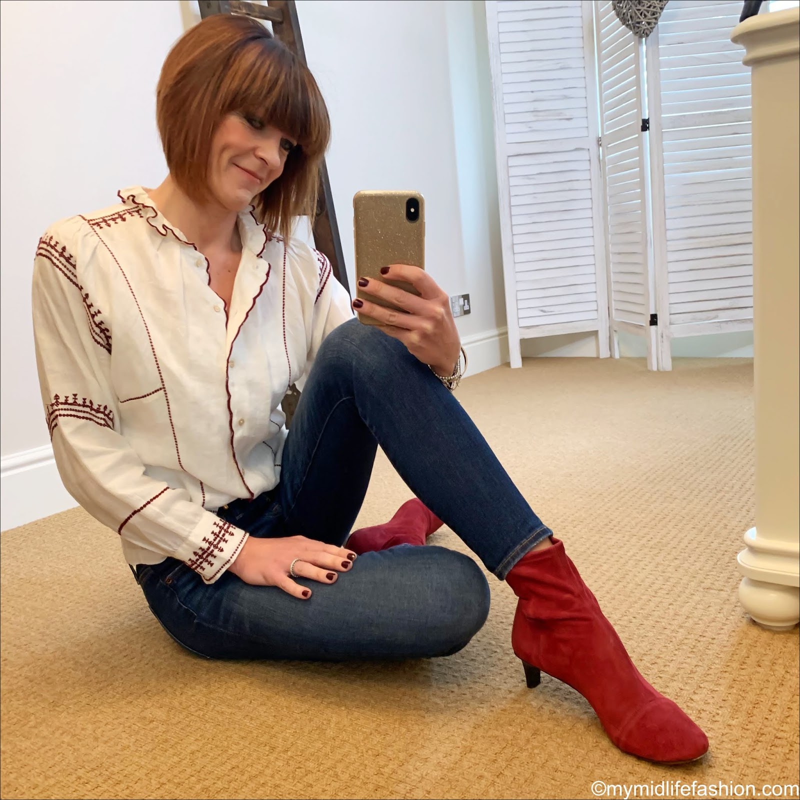 my midlife fashion, isabel marant etoile embroidered blouse, j crew toothpick jeans, isabel marant goat suede ankle boots