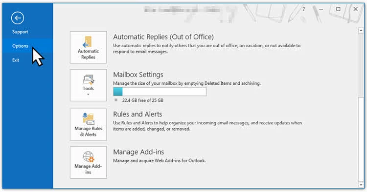 Navigate to File | Options in Outlook client