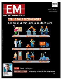 EM Efficient Manufacturing - February 2016 | CBR 96 dpi | Mensile | Professionisti | Tecnologia | Industria | Meccanica | Automazione
The monthly EM Efficient Manufacturing offers a threedimensional perspective on Technology, Market & Management aspects of Efficient Manufacturing, covering machine tools, cutting tools, automotive & other discrete manufacturing.
EM Efficient Manufacturing keeps its readers up-to-date with the latest industry developments and technological advances, helping them ensure efficient manufacturing practices leading to success not only on the shop-floor, but also in the market, so as to stand out with the required competitiveness and the right business approach in the rapidly evolving world of manufacturing.
EM Efficient Manufacturing comprehensive coverage spans both verticals and horizontals. From elaborate factory integration systems and CNC machines to the tiniest tools & inserts, EM Efficient Manufacturing is always at the forefront of technology, and serves to inform and educate its discerning audience of developments in various areas of manufacturing.