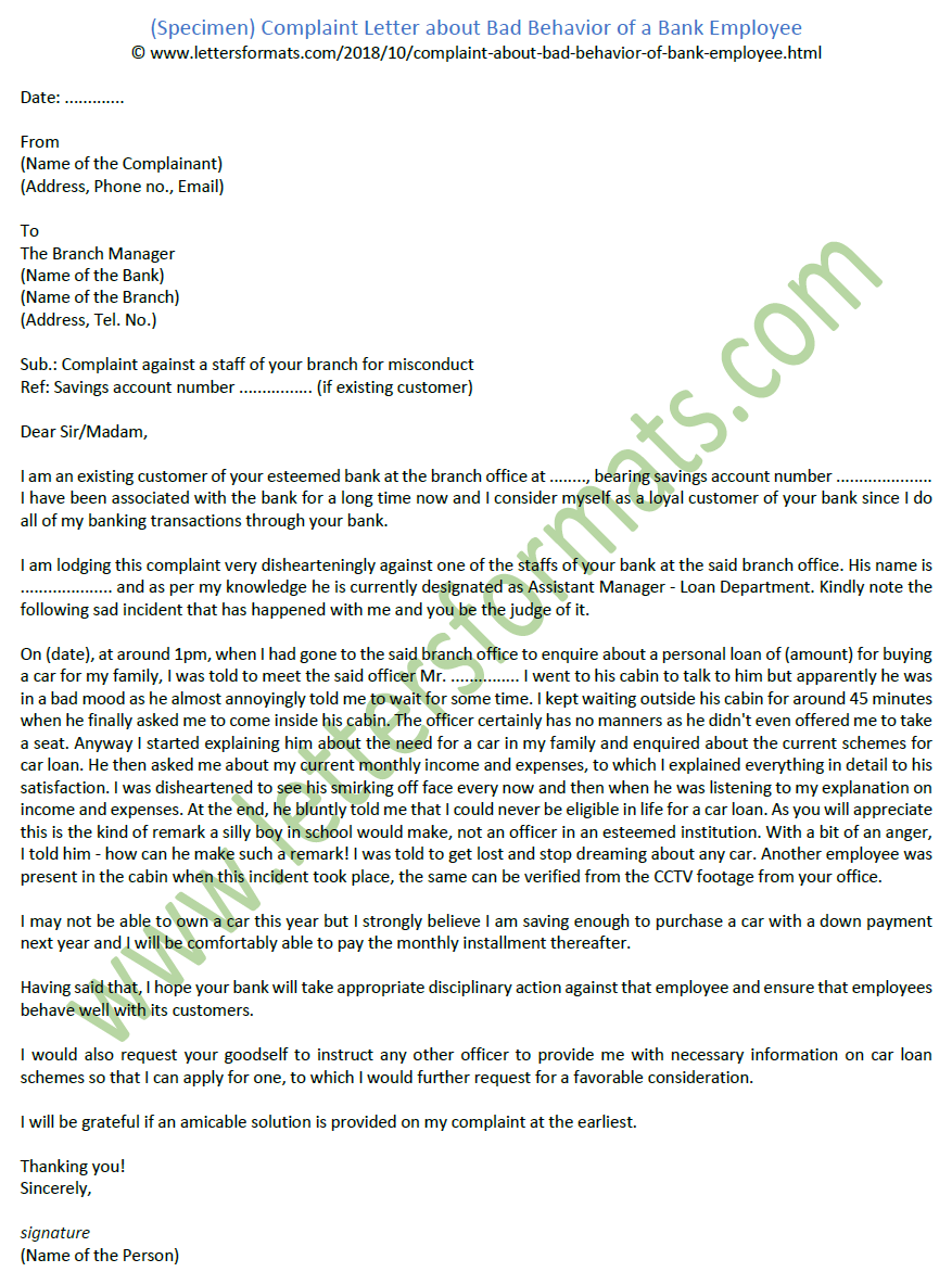 Complaint Letter about Bad Behavior of Bank Employee Sample