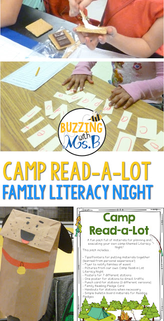 Get ideas for planning your next family literacy night event in a fun camping theme. Make and take stations are easy to create and fun for parents and kids! This event is always a hit! #familyliteracynight 