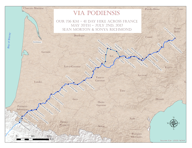 Via Podiensis GR65 map across France Chemin St. Jacques