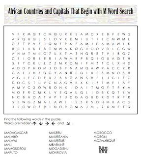 African Countries and Capitals That Begin with M Word Search