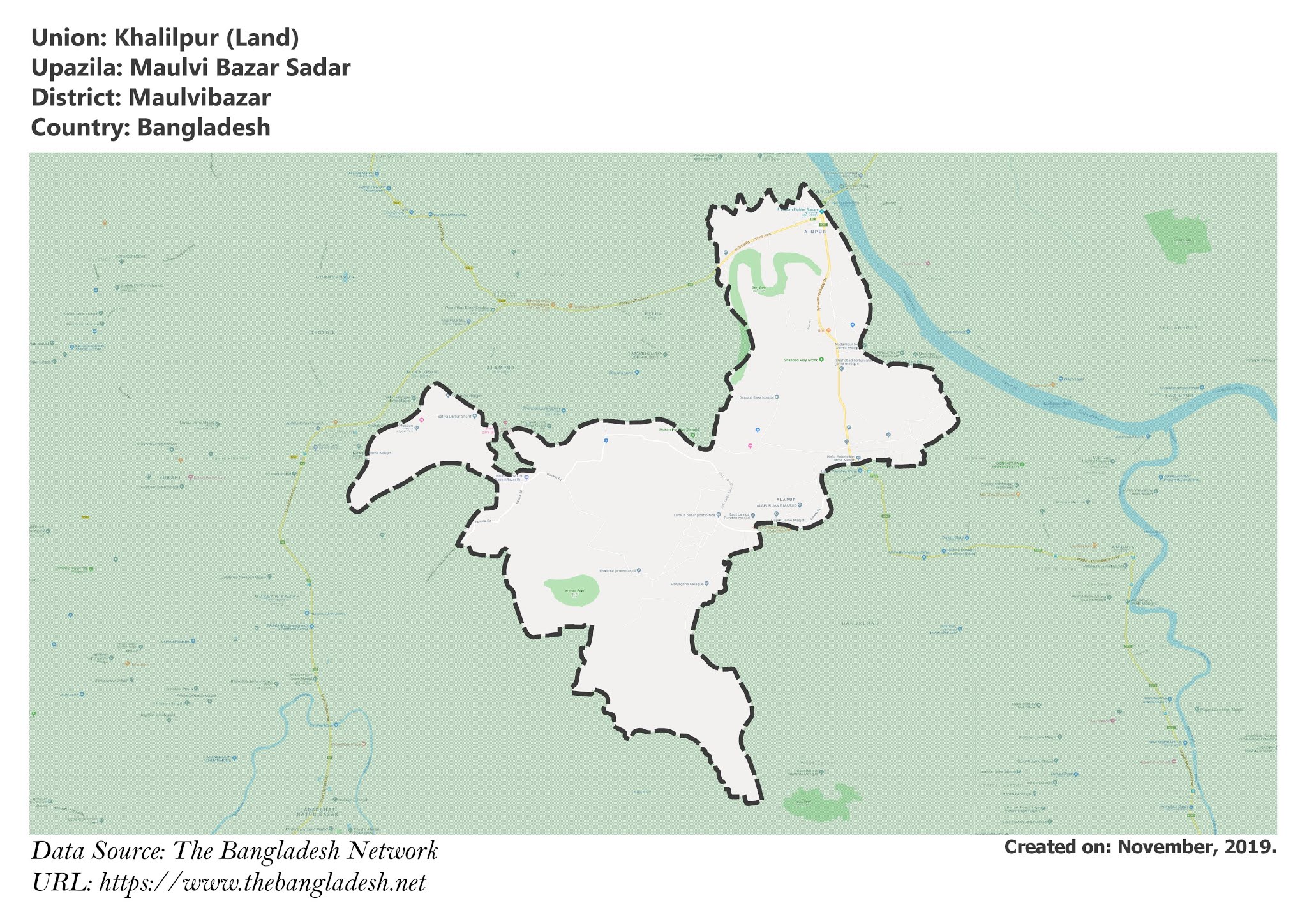 Map of Khalilpur of Maulvibazar, Bangladesh.