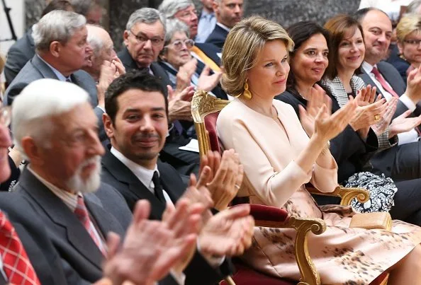 Queen Mathilde of Belgium attends the ceremony for the 2016 Baillet Latour Health Prize at the Academy Palace in Brussels. Queen wore Natan dress