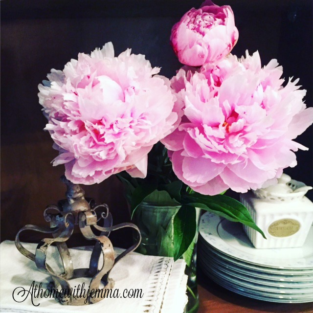 flowers, peonies, crown, linen, china, china hutch, decorating