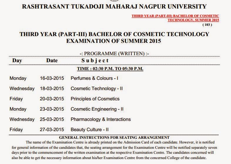 THIRD YEAR (PART-III) BACHELOR OF COSMETIC TECHNOLOGY, SUMMER 2015