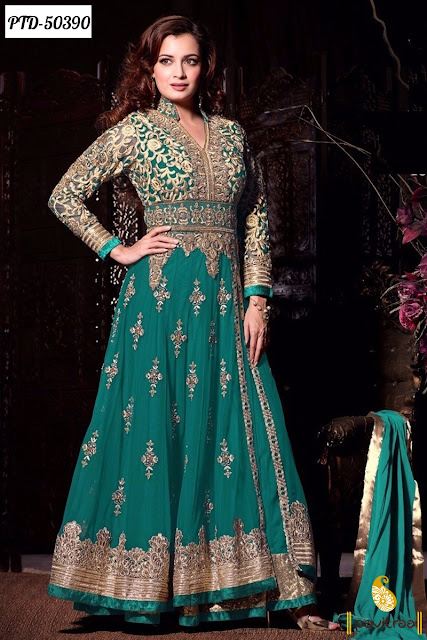 Bollywood actress Dia Mirza green color santoon wedding bridal wear designer anarkali salwar suit online shopping