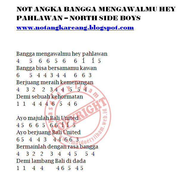 Not Angka Bangga Mengawalmu Hey Pahlawan North Side Boys Kumpulan Not Lagu