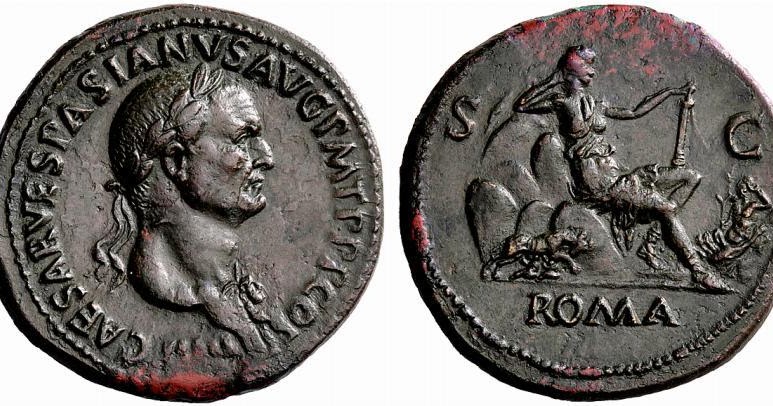 Roma sobre las siete colinas en un sestercio de Vespasiano Monedas