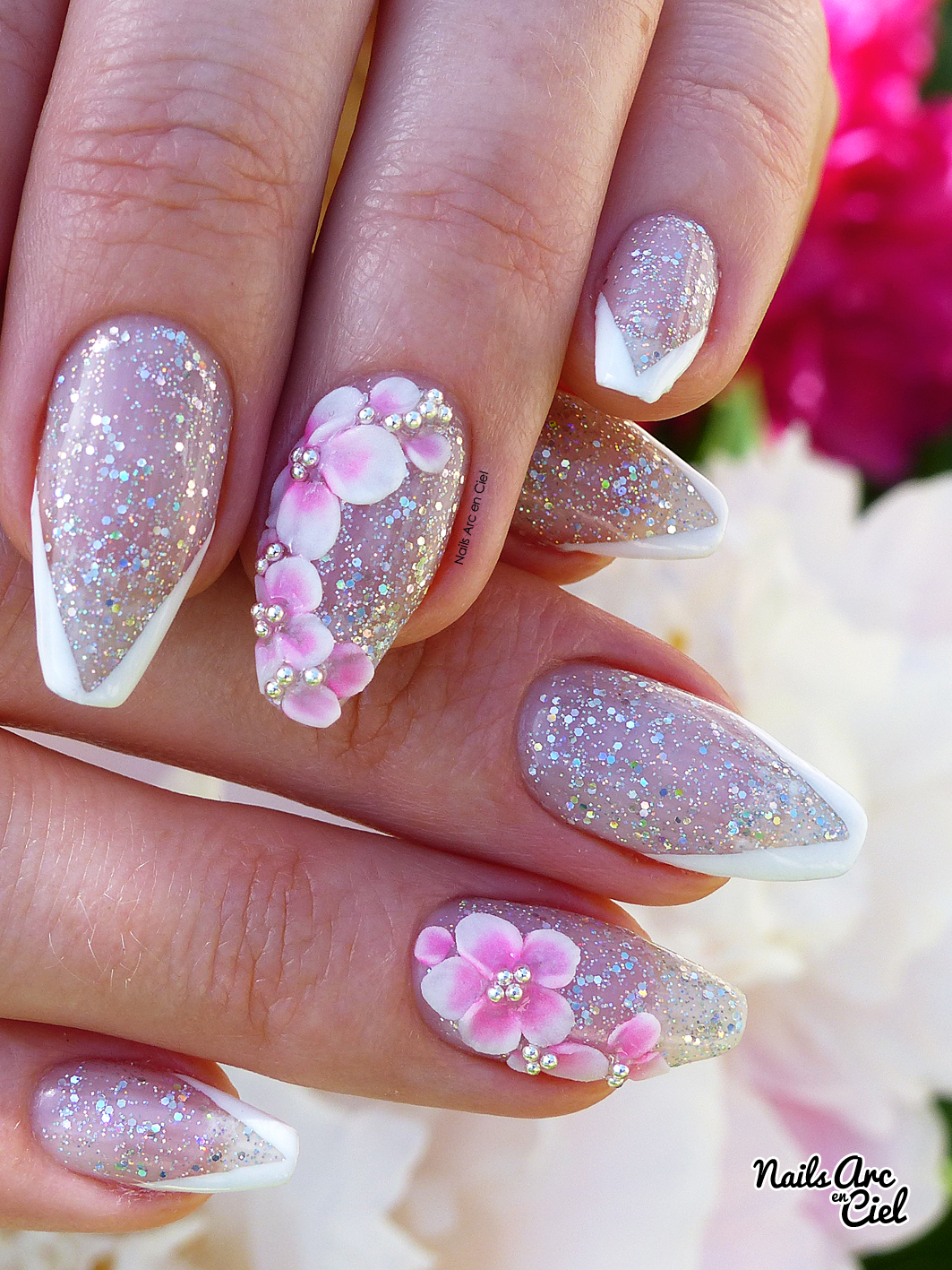 Nails Arc en ciel Nail art Idée mariage fleurs en résine acrylique 3D