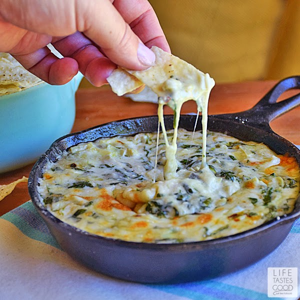 Spinach, artichokes, & a creamy, cheesy Mornay sauce make up this Spinach Artichoke Dip by Life Tastes Good. A tasty appetizer that is quick and easy to make in a skillet.