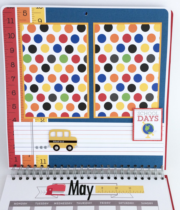 School Handmade Scrapbook Calendar with polka dots, rulers, and a school bus