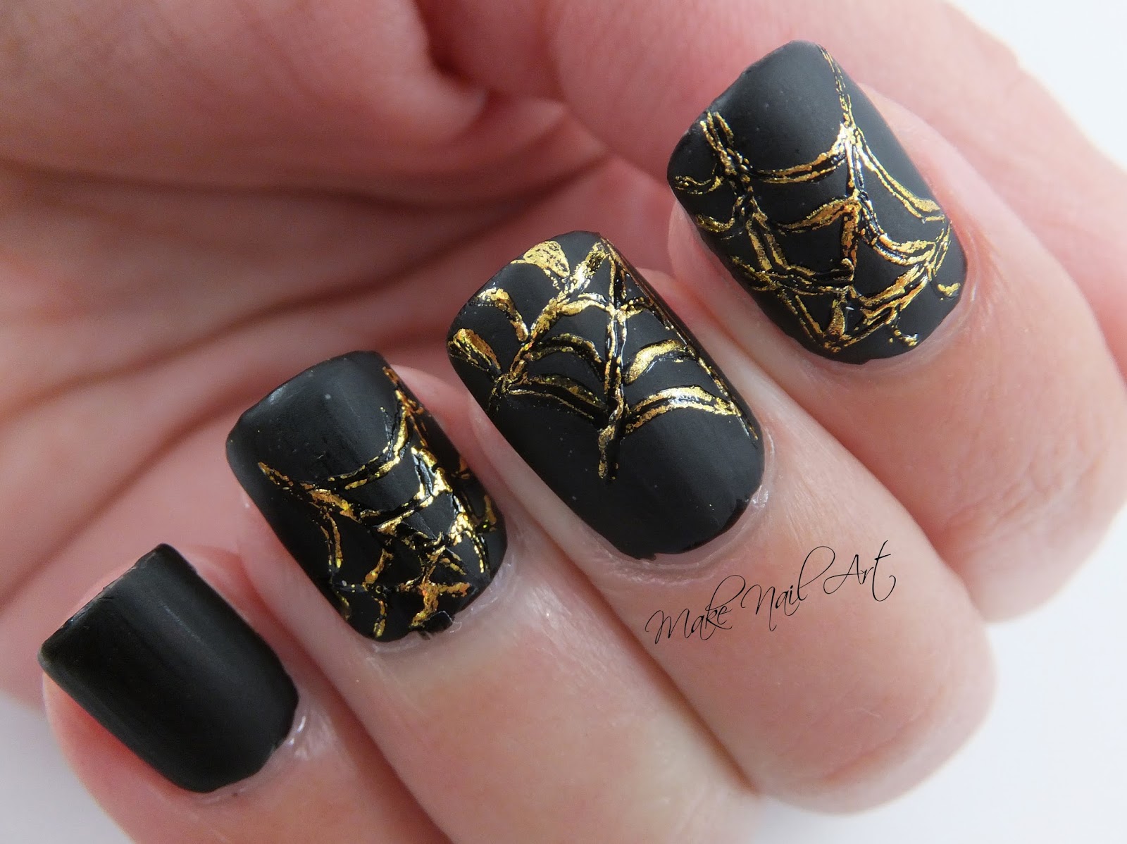 Gold Foil Spider Web Halloween Nail Art Design Tutorial Make Nail Art