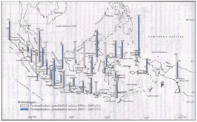 Peta pertumbuhan penduduk Indonesia tahun 1990-200 dan tahun 2000-2003 (Sumber: Geografi dan Sosiologi Pelajaran IPS Terpadu untuk SMP kelas VII, Ganeca Exact)