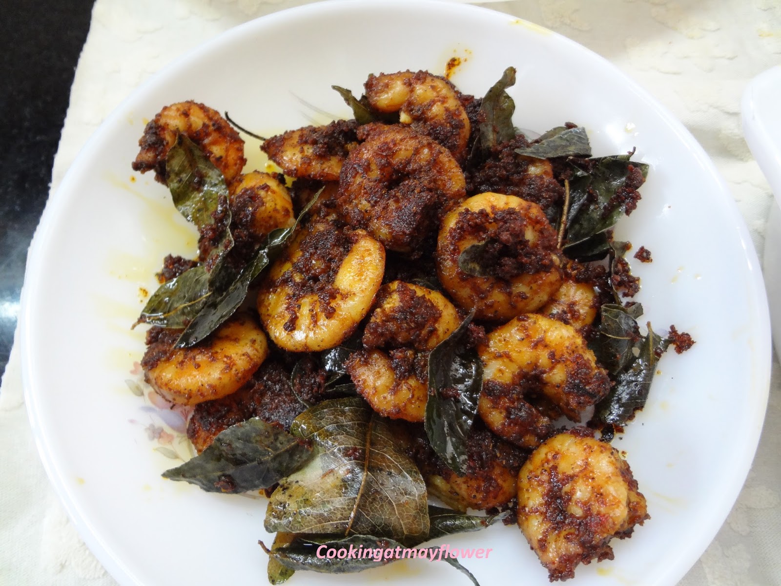 Cooking at Mayflower Kerala Prawn/Shrimp fry / Chemmeen fry