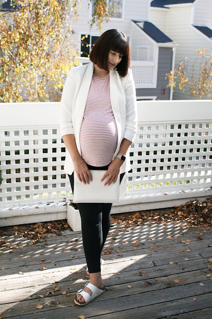 Seraphine maternity leggings, Tobi white blazer, Topshop maternity, stripes, Pregnancy, full term